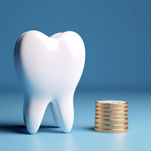 large model tooth next to pile of coins on pale blue surface