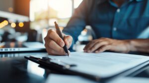 Man signing paperwork on clipboard